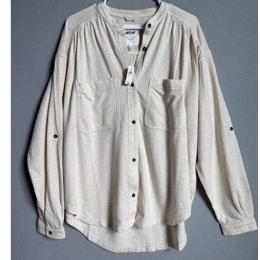 NWT aerie Roll With It Button Down Shirt Small Oversized Oatmeal Cozy Boho Lon